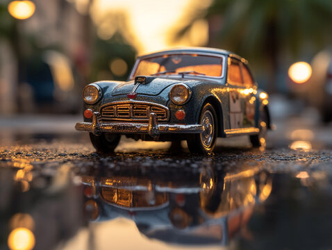 Miniature classic car model with a backdrop of evening sun bokeh. The car model's image can be reflected in the puddle in front of it.