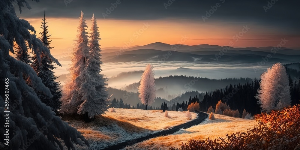 Aufkleber branches shivering in the cold on a foggy morning in the carpathian mountains in the fall generative
