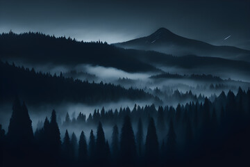 mountains and woods in the fog, AI generated