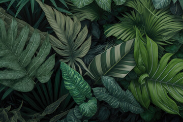 Naklejka na ściany i meble AI generated closeup nature view of green leaves floral jungle pattern at dark background