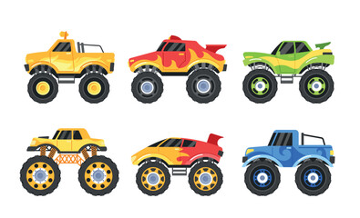 Set Of Monster Trucks, Each Adorned With Unique Designs And Colors, Ready To Thrill The Audience With Impressive Stunts