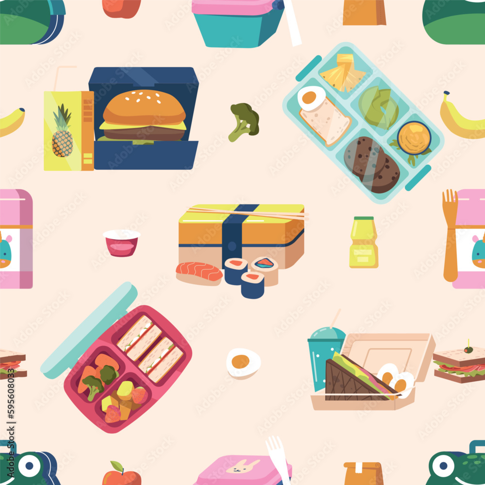 Aufkleber lunchbox seamless pattern featuring colorful assortment of lunchboxes in various sizes and styles, r