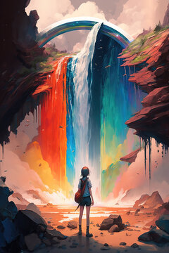 A Surreal Impressive Anime Artwork Of A Little Person Thinking About Life In Front Of A Colored Waterfall, Generative Ai Technology