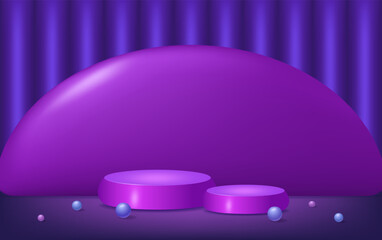 Abstract room with purple plastic pedestal podium, arch shape and balls