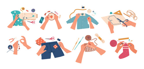 Set Of Female Hands Skillfully Weave Colorful Yarns And Threads Together To Create Intricate Design Cartoon Illustration