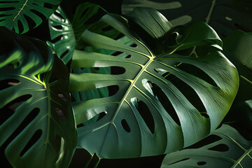 Obraz na płótnie Canvas AI generated green leaves of monstera plant growing in wild tropical forest plant dark background