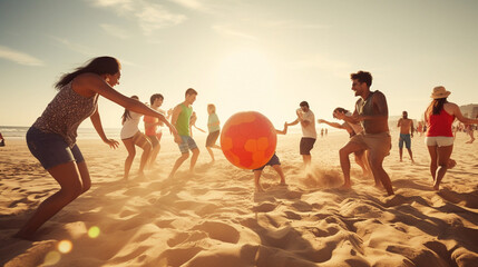 diverse group of friends playing beach ball in the sand and hot sunlight - Generative AI