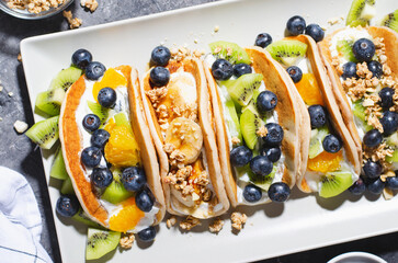 Taco Pancakes with Fresh Fruits, Blueberry and Yogurt Filling, Healthy Breakfast or Snack