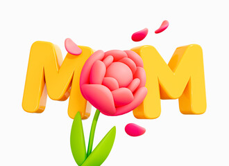 3D Happy Mother's Day poster with Mom text and pink rose flower. Beautiful blooming peony. 8 March Women's day. Spring banner. Cartoon creative design icon isolated on white background. 3D Rendering