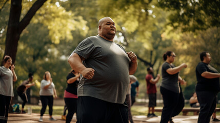 Motivational image of overweight man working out in public - Generative AI