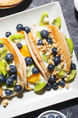 Taco Pancakes with Fresh Fruits, Blueberry and Yogurt Filling, Healthy Breakfast or Snack