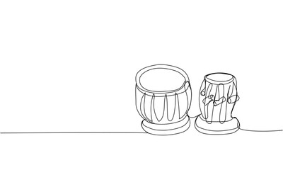 Tabla drum one line art. Continuous line drawing of sound, beat, ethnic, indian, rhythm, musician, band, acoustic, drum, music, percussion.