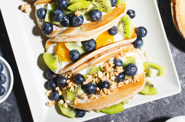 Taco Pancakes with Fresh Fruits, Blueberry and Yogurt Filling, Healthy Breakfast or Snack