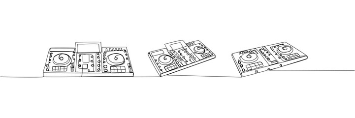 Fototapeta premium Dj console set one line art. Continuous line drawing of disc, play, nightlife, techno, vinyl, dj, music, mixer, console, party, turntable, audio, panel, dance, disco, volume, record, control, mix