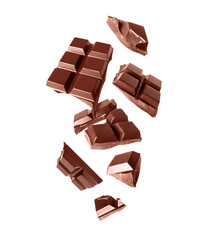 Broken bar of dark chocolate in the air isolated on a white background