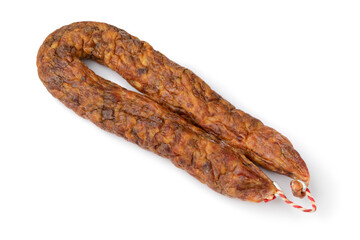 Traditional Dutch dried mature sausage, boerenmetworst close up isolated on white background