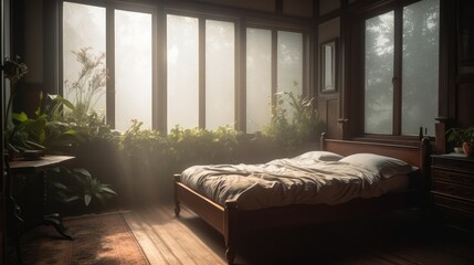 Obraz premium Enchanting Bedroom with Indoor Garden, Bed in the Middle, Unique Nature-Inspired Interior, Serene Oasis, Generative AI Illustration