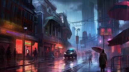 Obraz premium Science Fiction Futuristic Cyberpunk Neon Night City Street illustration Concept. generative Ai