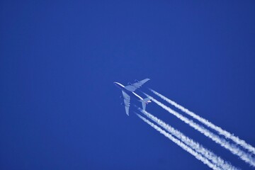 Airbus A380 flying overhead on its way from London to USA