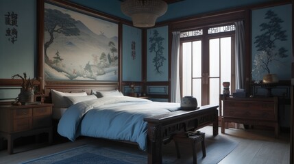 Elegant Chinese-Style Bedroom, Traditional Decor, Serene Atmosphere, Cultural Heritage, Comfort and Luxury, Generative AI Illustration