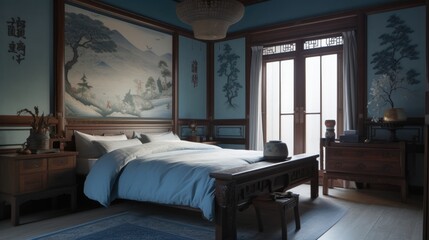 Obraz premium Elegant Chinese-Style Bedroom, Traditional Decor, Serene Atmosphere, Cultural Heritage, Comfort and Luxury, Generative AI Illustration