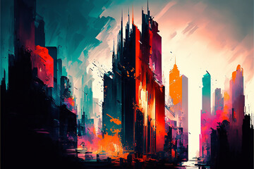 Fototapeta premium Artistic painting of sky scrapers Abstract style 