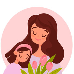 Mother's Day Card Happy mother with daughter and flowers