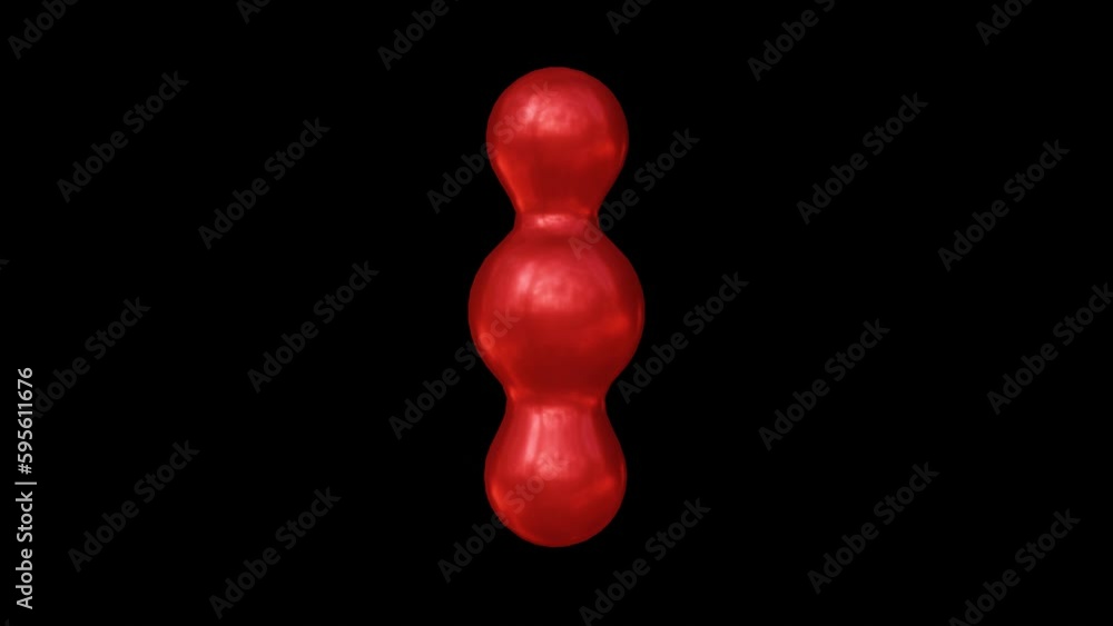 Poster animation of rotating red metaballs . motion of metaballs morphing, merging and flowing forming geom