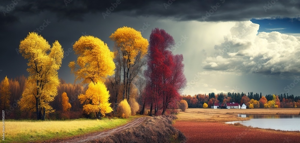 Poster lithuanian autumn scene with brightly colored trees generative ai