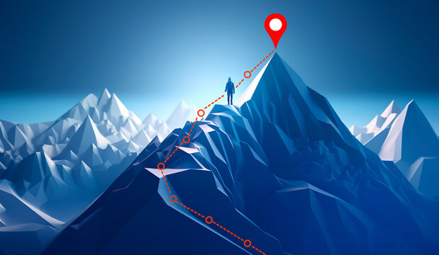 Goal to success for level up with person climbing on route slope to mountain peak.human performance limit concepts.growth mindset and motivation.generative ai technology