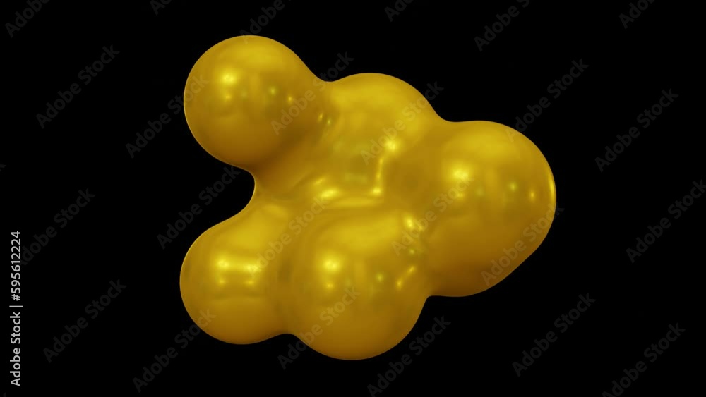 Poster animation of rotating golden metaballs . motion of metaballs morphing, merging and flowing forming g