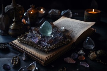 Naklejka na ściany i meble Witchy book and crystals on dark background. Healing gems for spiritual practice. Top view. Generative AI