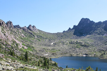 Nature of Siberia, a view from hill to mountain lake Karovoe. Summer landscape in tourist area of Ergaki National Park