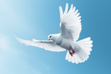 Fototapeta na wymiar Blue background banner, white dove flies in the sky. Easter. Generative AI