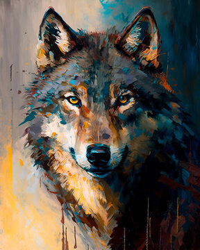 Wild wolf portrait close up. Wild nature powerful leader animal symbol. Blurred brush strokes oil painting illustration. Generative AI
