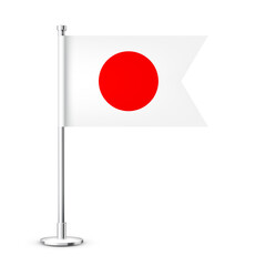 Realistic Japanese table flag on a chrome steel pole. Souvenir from Japan. Desk flag made of paper or fabric and shiny metal stand. Mockup for promotion and advertising. Vector illustration