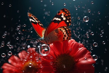 Stunning 3D wallpaper featuring a red flower, butterfly, and bubbles set against a satin background. Generative AI