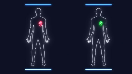 Cardio system heart medical exam in diagnostic clinic. Scan with x ray blood pump organs. Interface exam heart in sick red and healthy green state. Concept of diagnosis medicine and healthcare 8K