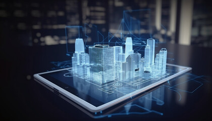 Making using digital tablet and modern buildings hologram. Real estate business and building technology concept. Generated AI