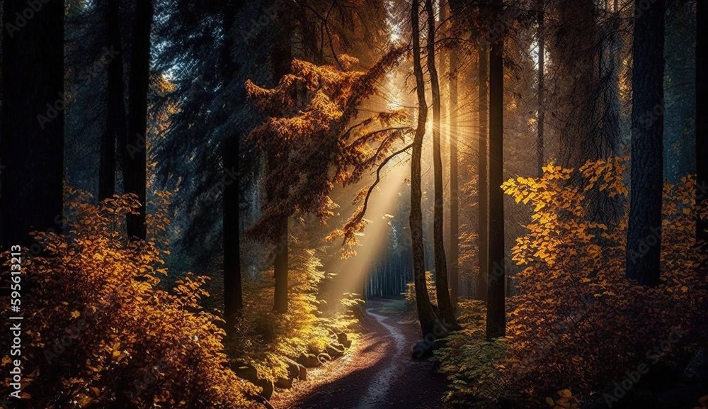 Poster sunlight filtering through an autumn woodland generative ai
