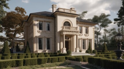 Italianate house exterior house design in daytime golden hour generative ai