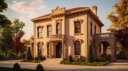 Fototapeta premium Italianate house exterior house design in daytime golden hour generative ai