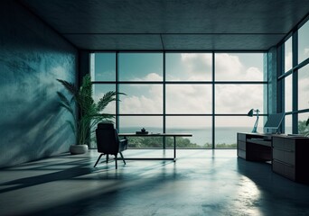 Empty workplace with big windows and concrete floor and walls. Modern office with a beautiful view to the sea