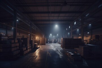 A 3D rendering of a warehouse interior with a night sky visible through windows. Generative AI