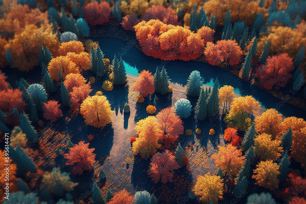 Wall mural View of an autumn forest from above, with its towering, colorful trees. Generative AI