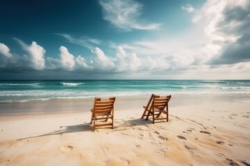 Fototapeta na wymiar Chairs on the sandy beach (Ai generated)