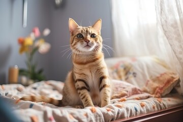 Cat, Beautiful cute cat on bed (Ai generated)