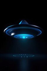 UFO, alien spaceships with blue beam of light, smoke and sparkles. Saucers with bright illumination and vertical beam, unidentified flying objects, realistic illustration. Generative AI