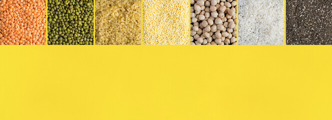 Collage of various cereals and legumes on the yellow background. Copy space.
