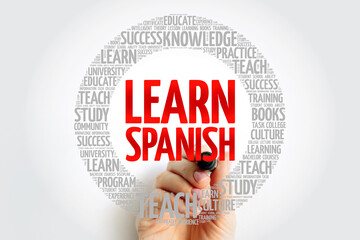 Learn Spanish word cloud with marker, education business concept